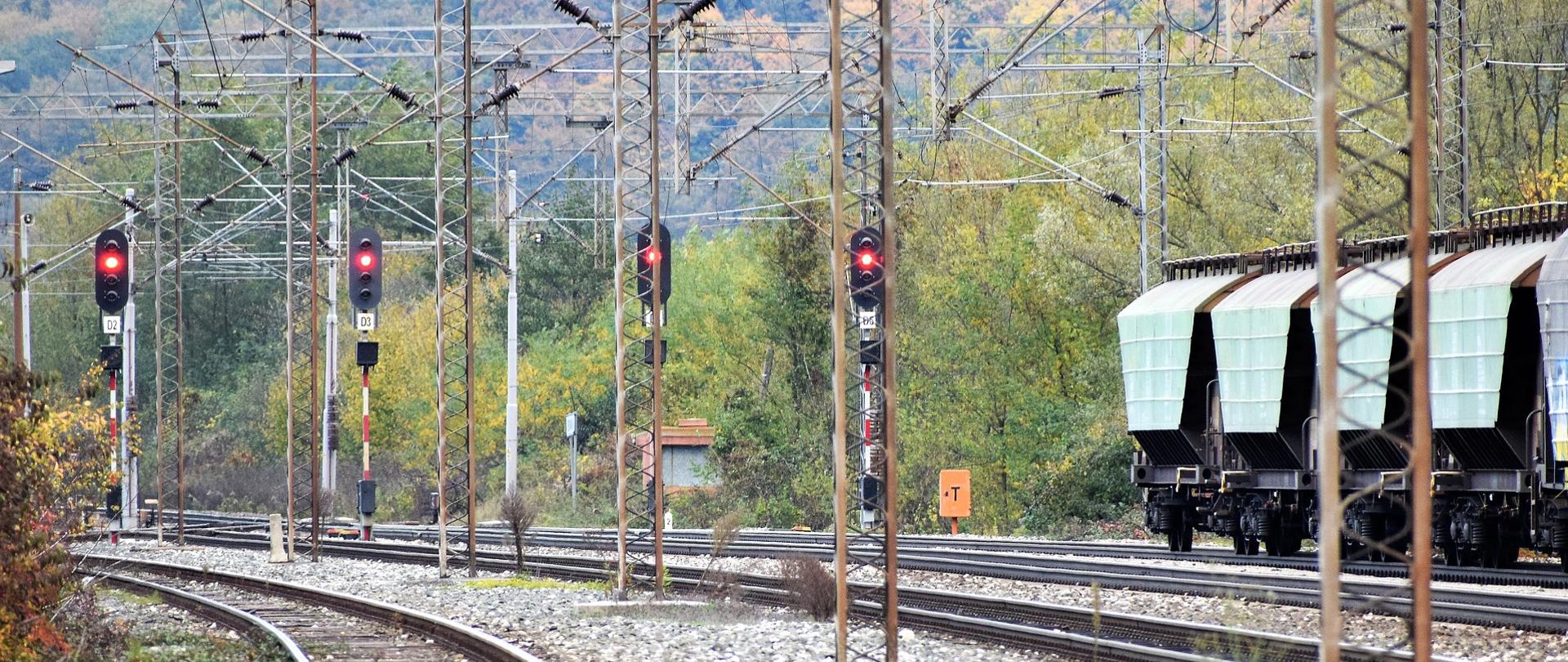 semafory na linii kolejowej, na torze skrajnym stoją wagony towarowe