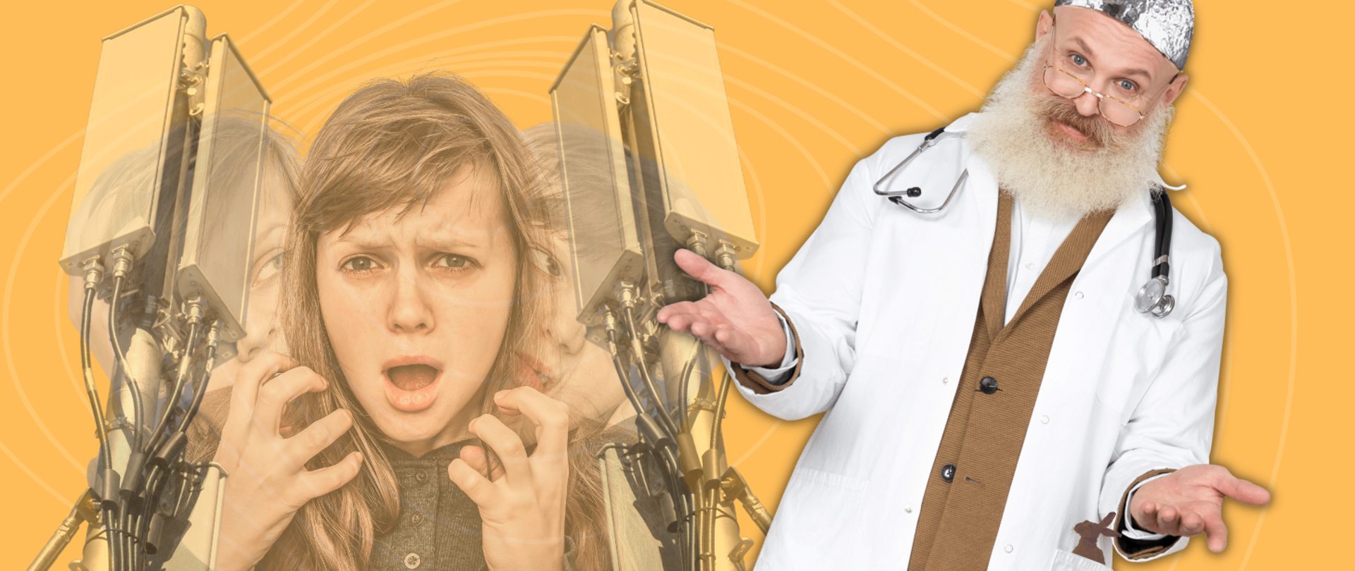W tle zdjęcie krzyczącej kobiety z wyrazem cierpienia na twarzy, otoczonej przez anteny telefonii komórkowej. Na pierwszym planie brodaty mężczyzna w fartuchu lekarskim i stetoskopem na szyi. Na głowie nosi czapkę z folii aluminiowej. Z kieszeni fartucha wystaje mały zając.