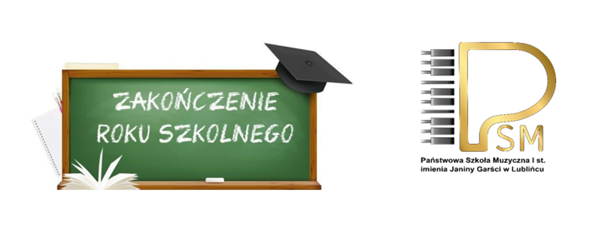 Grafika plakatu z logo szkoły dotycząca zakończenia roku szkolnego 2025/2026