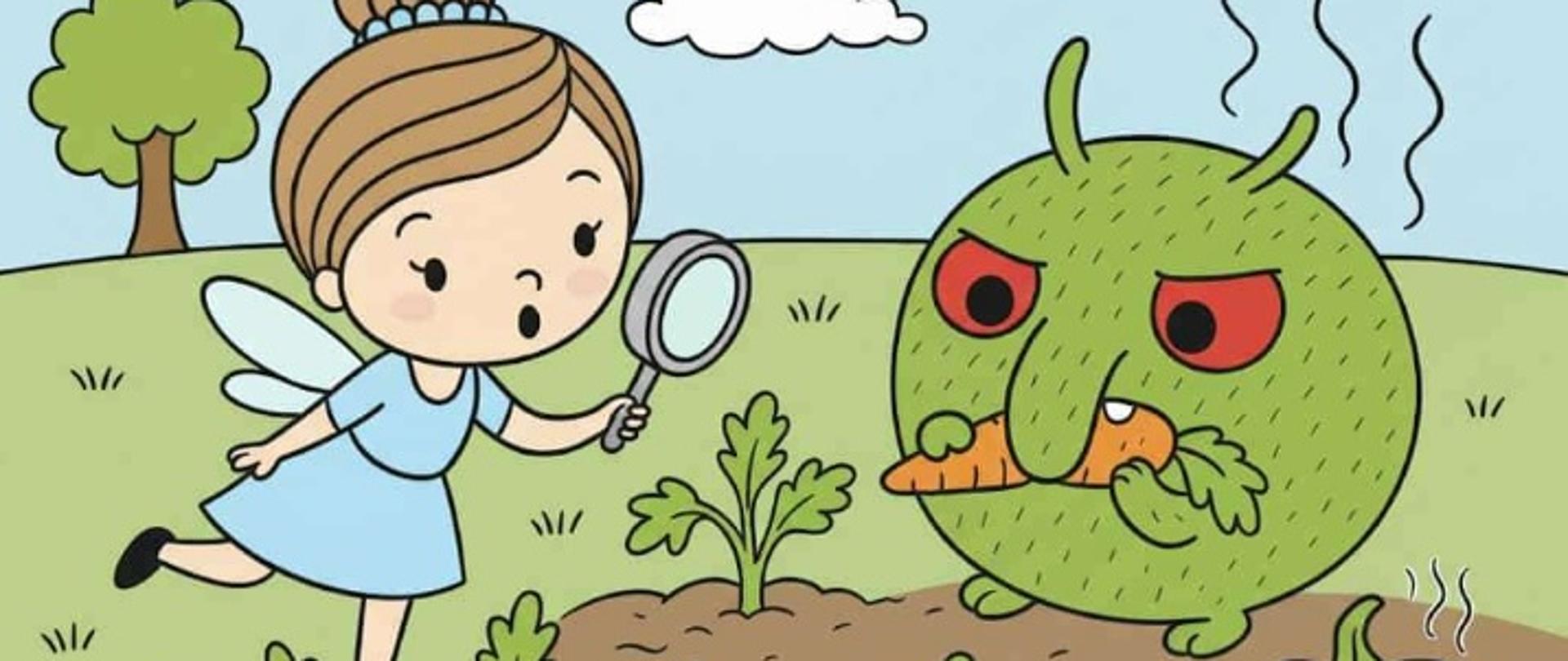 Złowrogi agrofag pożera marchewkę ku ogromnemu zdziwieniu wróżki.