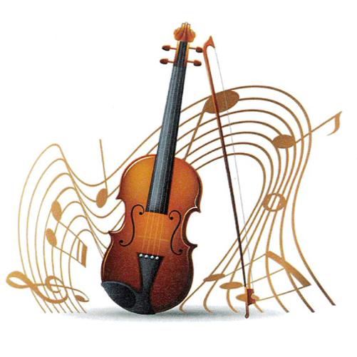 Grafika skrzypiec ze stojącym smyczkiem w kolorze brązowym, za nimi falująca pięciolinia z nutami w kolorze brązowym. 