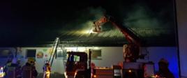 Zdjęcie w porze nocnej. Na zdjęciu budynek sklepu, nad nim zadymienie. Sztuczne oświetlenie. W pobliżu pojazdy ratowniczo-gaśnicze z włączoną sygnalizacją ostrzegawczą.