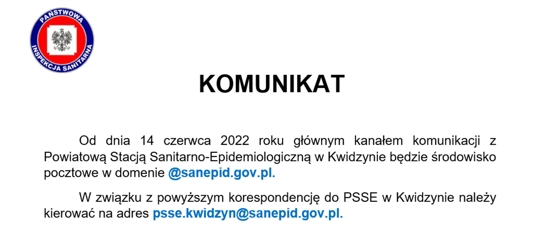Komunikat o zmianie głównego kanału komunikacji z Powiatową Stacją Sanitarno-Epidemiologiczną w Kwidzynie