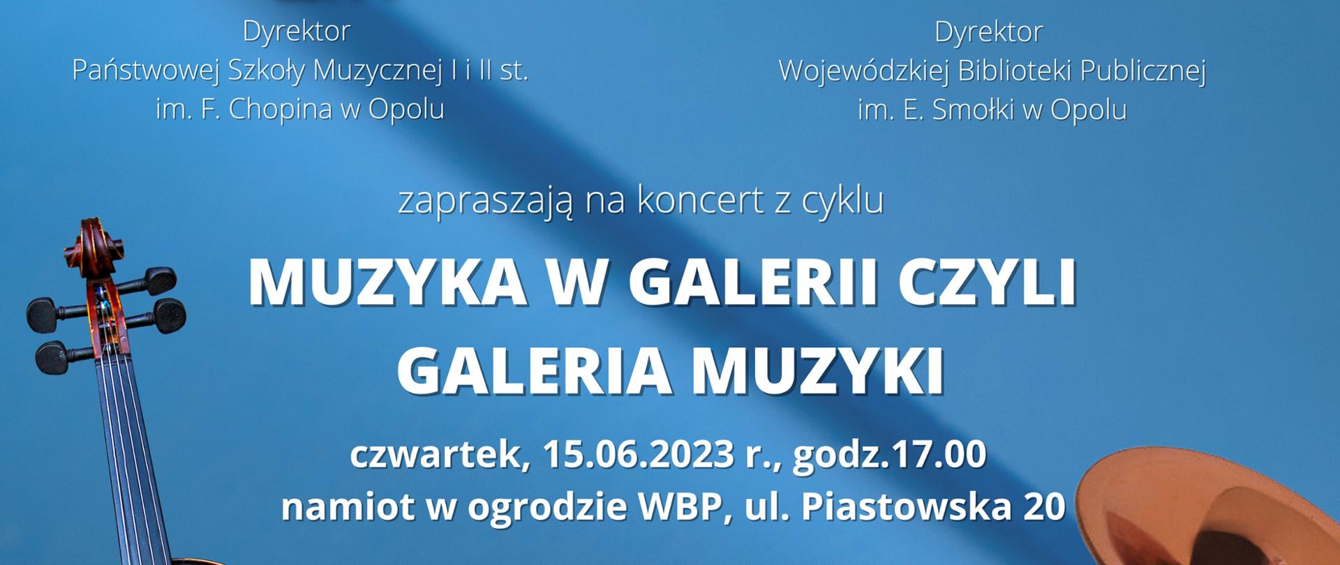 Niebieski plakat przedstawiający grafikę skrzypiec po lewej stronie oraz trąbki umieszczonej po prawej stronie, w górnej części zamieszczono logotypy Szkoły oraz Wojewódzkiej Biblioteki Publicznej, w centralnej części umieszczono informację o wykonawcach, dacie, godzinie oraz miejscu koncertu, w dolnej części znajdują się logotypy patronów medialnych: Radio Opole, Radio DOXA, Nowej Trybuny Opolskiej, portalu informacyjnego opowiecie.info oraz ecovision.tv, 