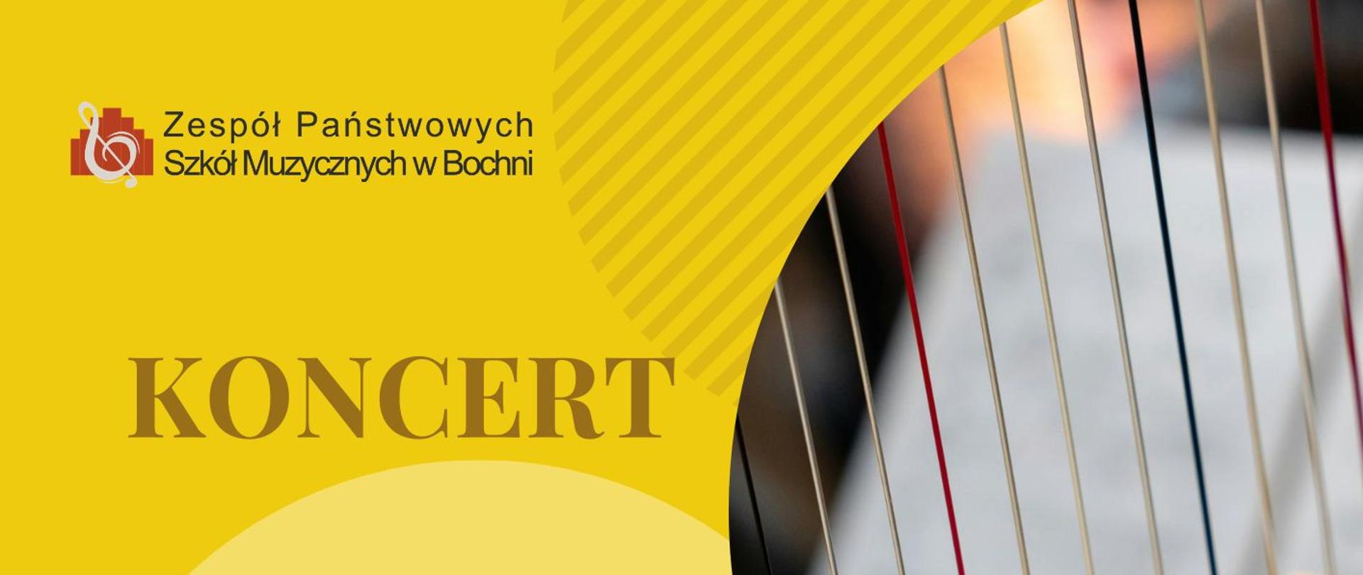 Grafika na złoto-żółtym tle, uzupełniona jasnymi, półprzezroczystymi okręgami oraz wzorami ukośnych linii. Po lewej stronie u góry znajduje się logo szkoły, poniżej umieszczono duży napis „KONCERT” oraz informację, że wystąpią uczniowie Państwowej Ogólnokształcącej Szkoły Muzycznej II stopnia im. Fryderyka Chopina w Krakowie. Po prawej stronie plakatu widnieje okrągłe zdjęcie przedstawiające zbliżenie dłoni grającej na harfie, a pod nim napis: „SŁOWO: IRENA CZUBEK-DAVIDSON”. Niżej podano szczegóły wydarzenia: „26 MARCA 2026, GODZ. 16:10” oraz „SALA KONCERTOWA ZPSM W BOCHNI”.