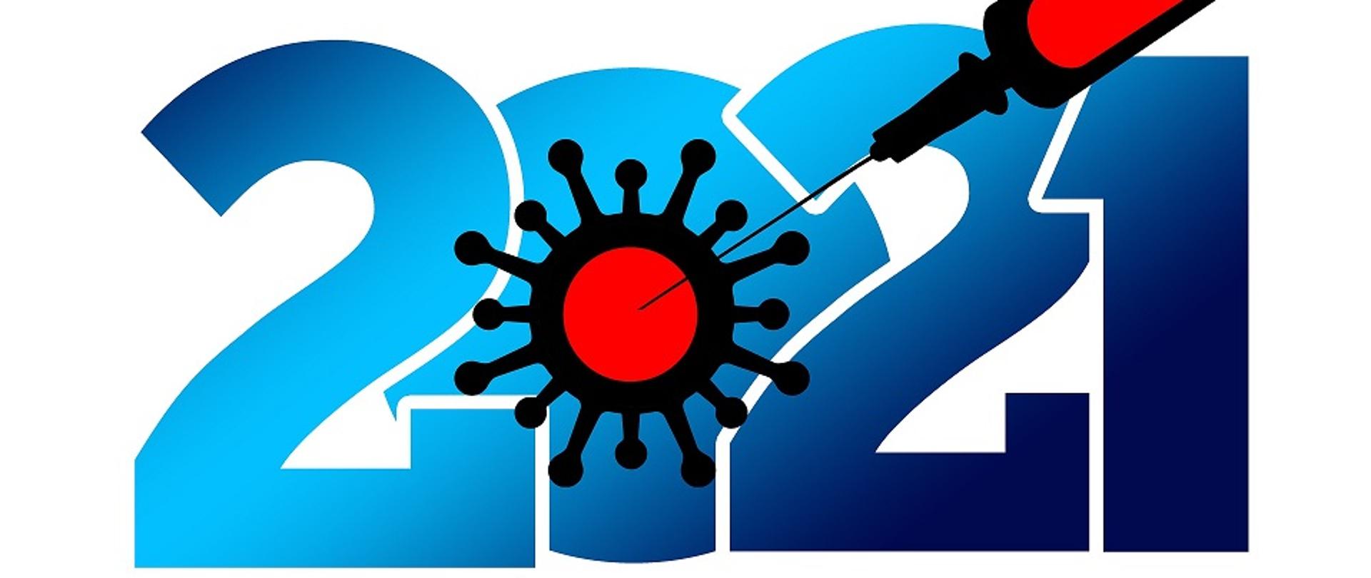 grafika przedstawiająca napis - rok 2021, w zerze jest umieszczony czerwony koronawirus a w niego wbita igła ze strzykawką z grafiką szczepionki przeciw Covid-19