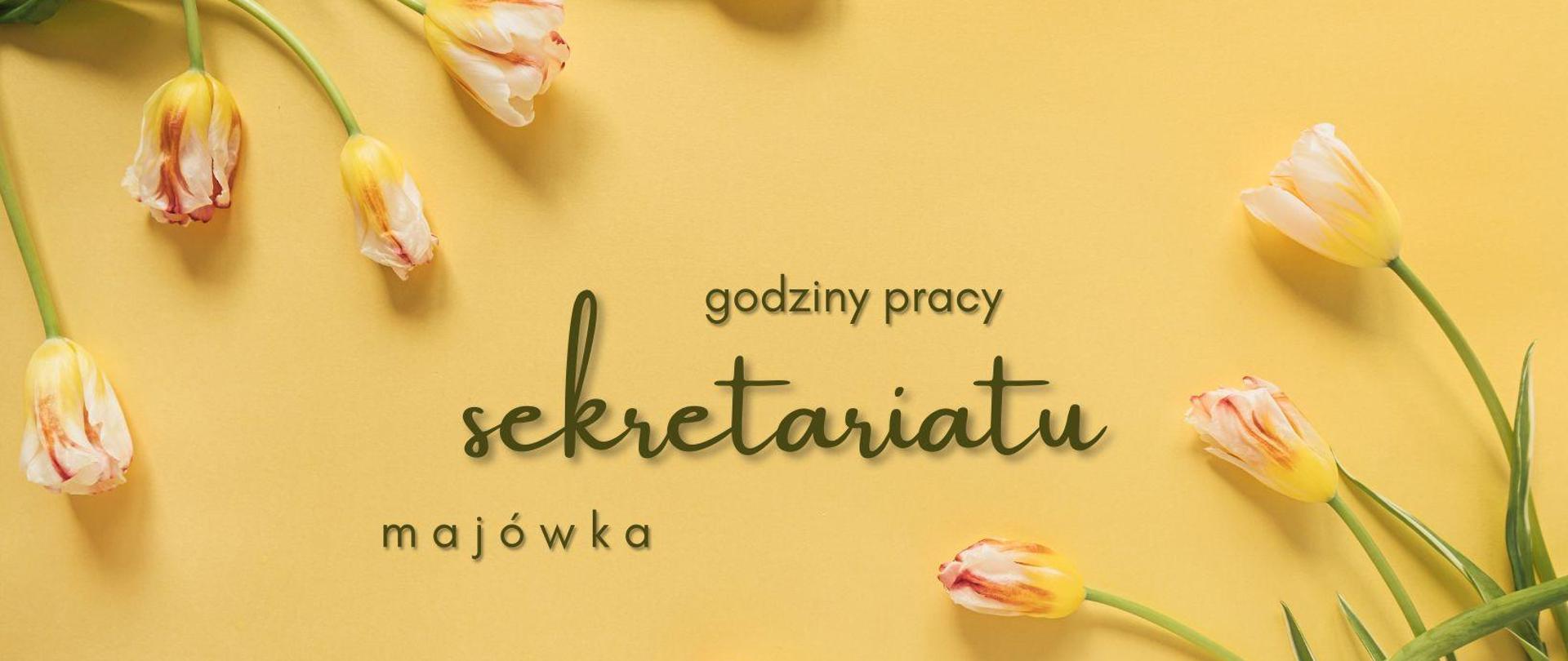 Żółty plakat na temat godzin pracy sekretariatu szkoły w czasie majówki. 