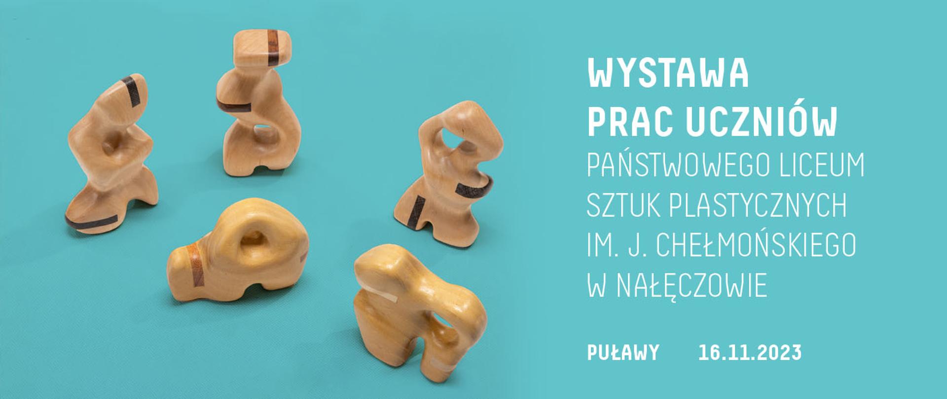 Grafika przedstawiająca zabawki z drewna oraz informacje na temat wystawy prac uczniów PLSP w Domu Chemika w Puławach