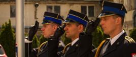 Poczet flagowy stojący przy maszcie. Wszyscy trzej strażacy w granatowych mundurach wyjściowych oddają honory. 