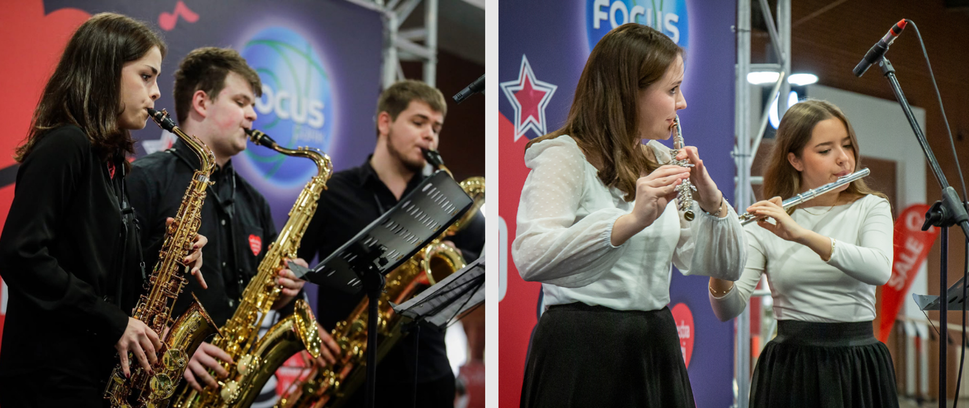Kolaż składający się z dwóch kolorowych zdjęć. Z lewej strony zdjęcie z trio saksofonowym (trzech uczniów stojących pod skosem obok siebie i grający na saksofonach). Z prawej strony zdjęcie duetu fletowego (dwie uczennice stojące pod skosem obok siebie o grające na fletach).