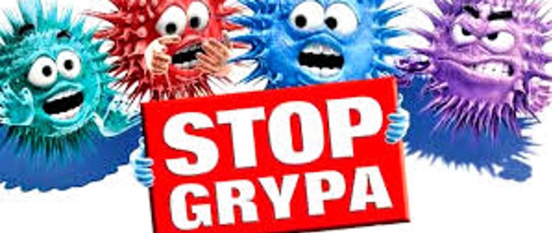 Obrazek przedstawiający kolorowe wirusy grypy trzymające napis STOP GRYPA