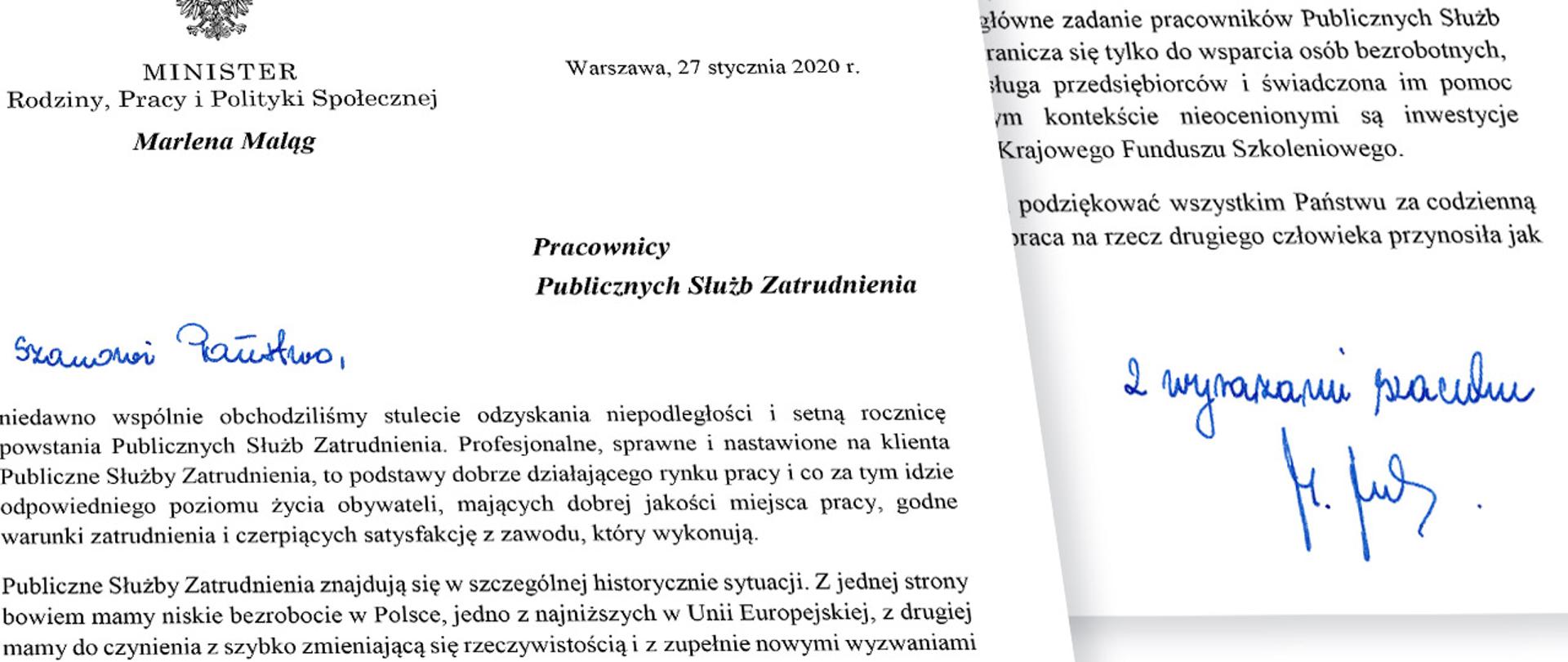 list minister Marleny Maląg do Pracowników Publicznych Służb Zatrudnienia