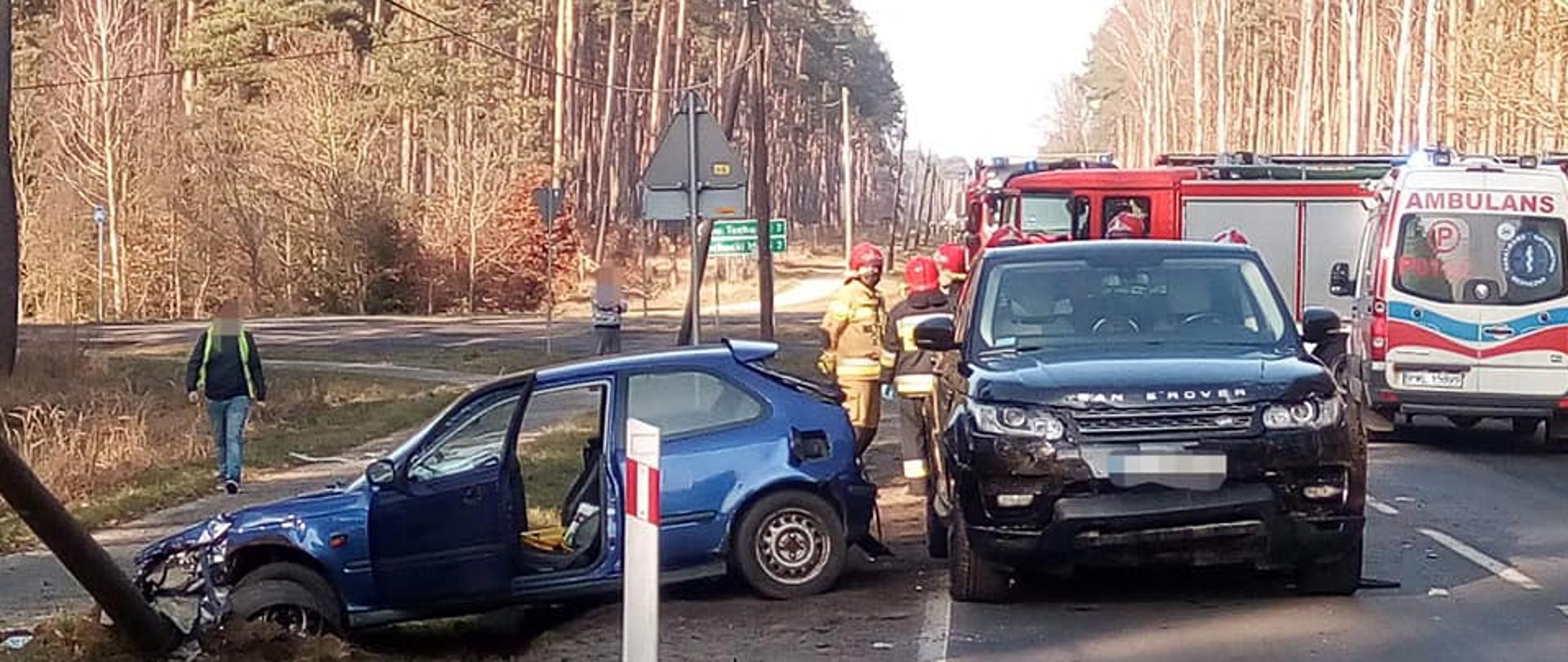 Dwa rozbite samochody, jeden w rowie, z tyłu strażacy, po prawej wóz strażacki i karetka pogotowia.