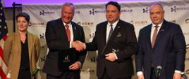 KGHM Polska Miedz President Marcin Chludzinski and NuScale Power Director General John Hopkin during during the ceremony of signing the agreeement between the two companies
