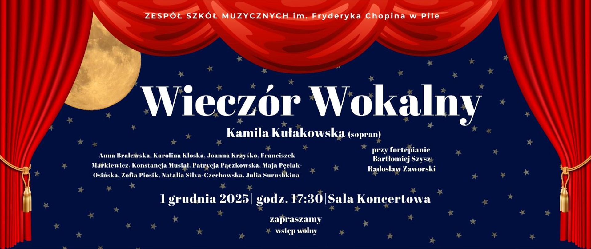 Na Granatowym tle informacja o koncercie. Wszystko w okienku za czerwoną kurtyną teatralną, po lewej stronie księżyc w pełni na całości gwiazdki.