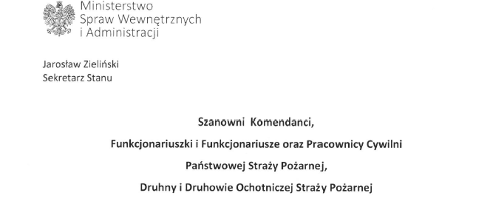List z życzeniami Sekretarza Stanu w MSWiA Jarosława Zielińskiego z okazji Dnia Strażaka