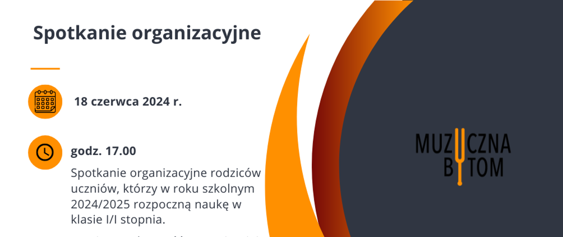Po lewej stronie nazwa wydarzenia oraz data i godzina - na białym tle. Po prawej stronie w szarym półkole logotyp szkoły. 