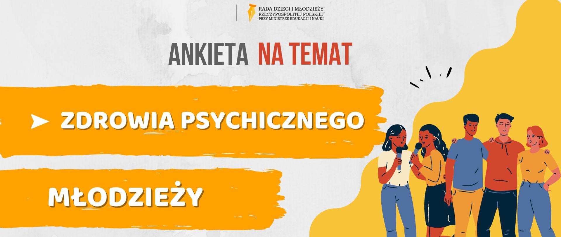 Grafika, na białym tle napis Ankieta na temat zdrowia psychicznego młodzieży i sylwetki młodych ludzi.