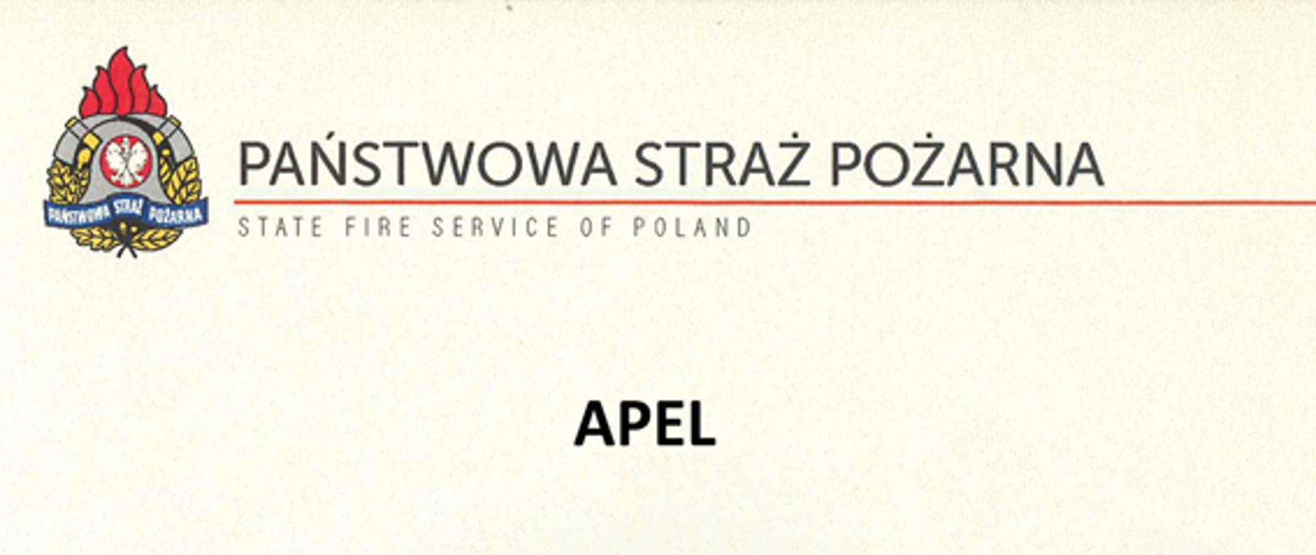 Logo PSP i napis Państwowa Straż Pożarna, na środku duży napis APEL, pod nim prośba Komendanta Głównego o oddawanie osocza.