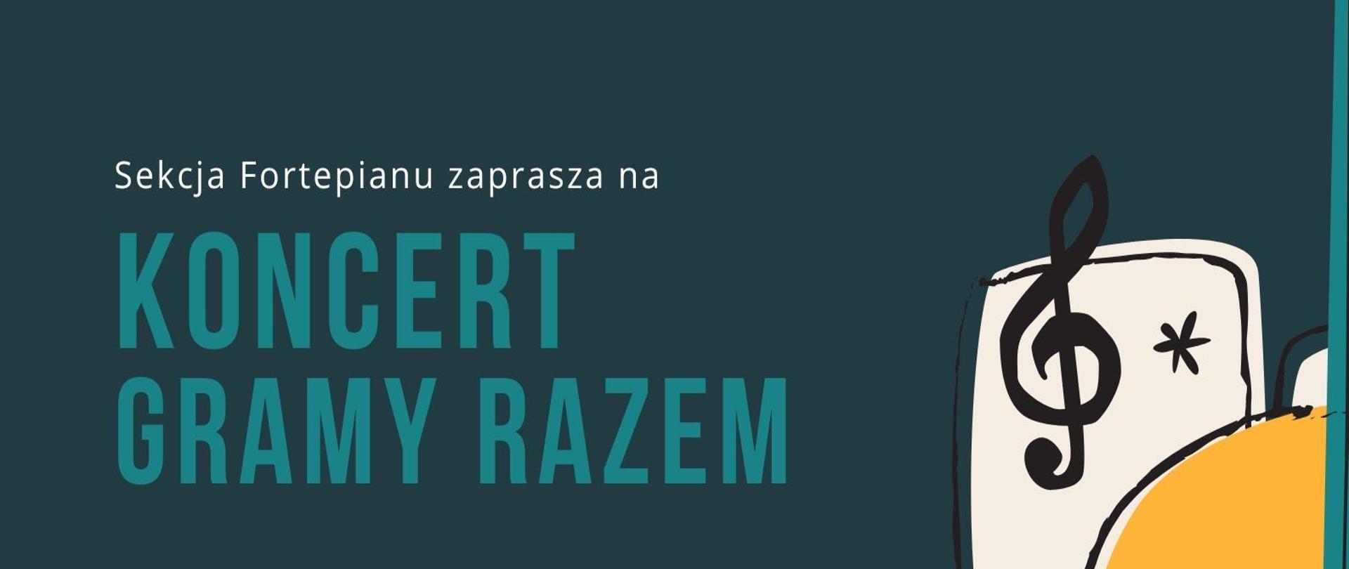 Na ciemnym tle grafika przedstawiająca trąbkę, skrzypce, klawiaturę oraz informacja o koncercie.