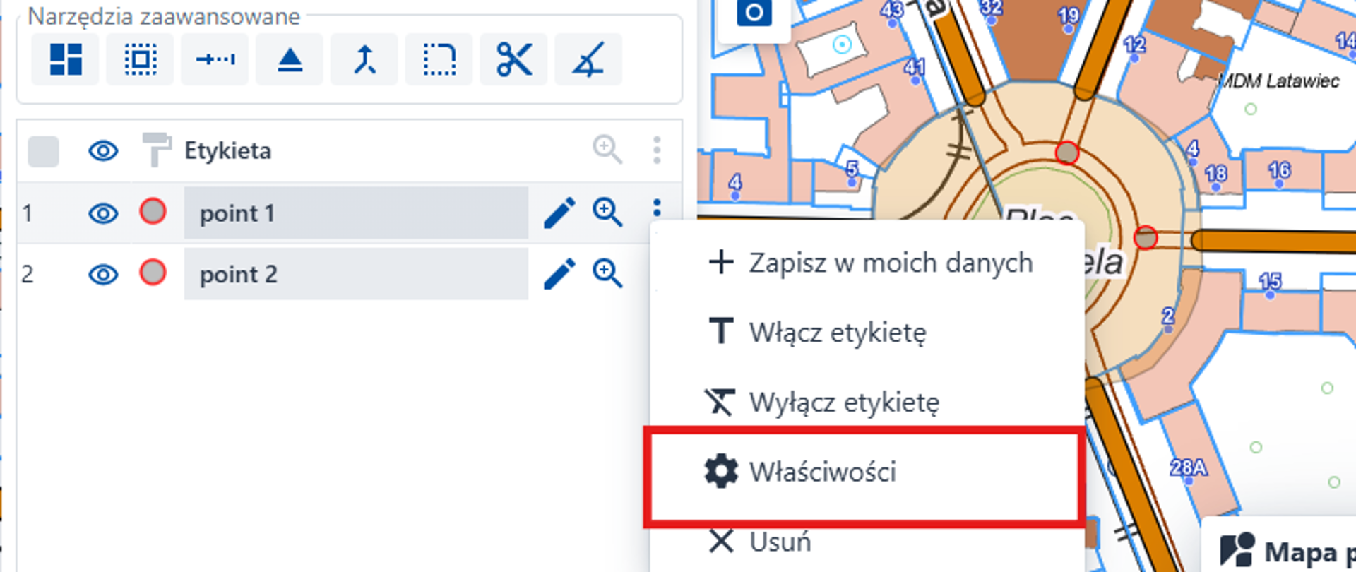 Zrzut ekranu pokazujący narzędzie Szkicowanie z zaznaczoną czerwoną ramką lokalizacją opcji Właściwości