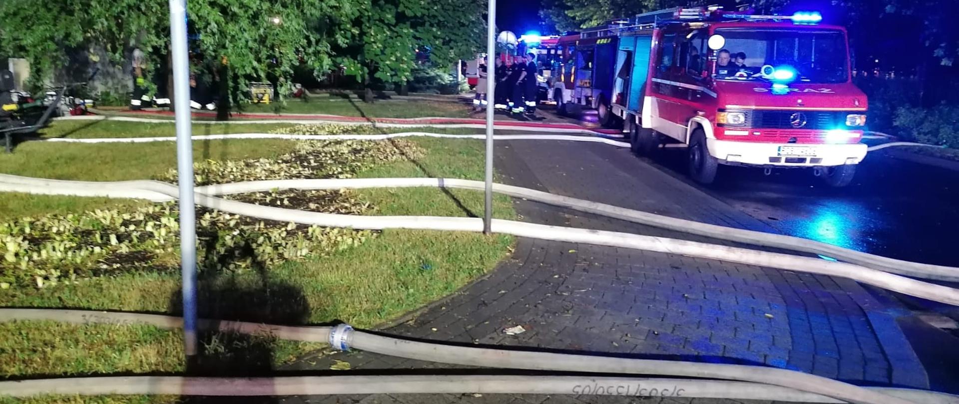 Na pierwszym planie rozwinięte linie gaśnicze na (od lewej) trawie, chodniku i ulicy. W tle kolumna pojazdów pożarniczych na sygnałach świetlnych. Całość w otoczeniu drzew parku miejskiego nocą