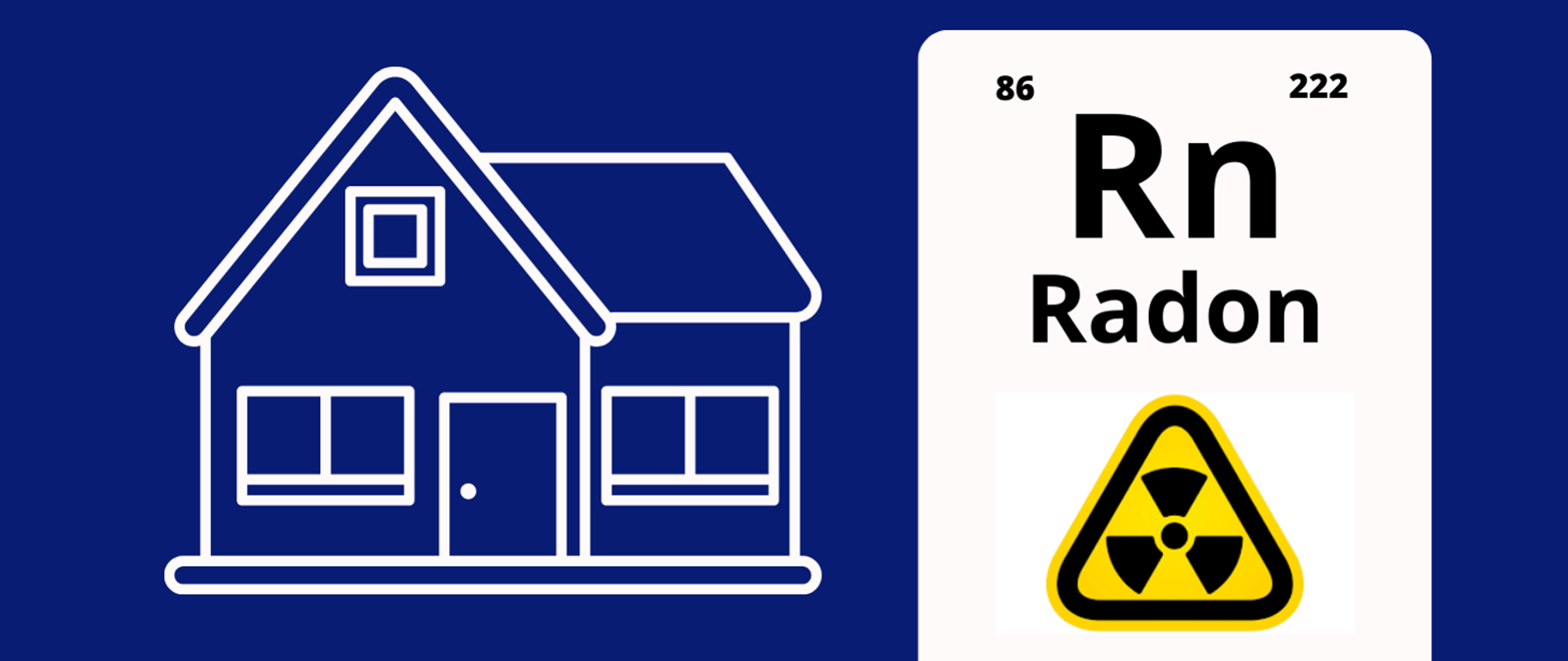 niebieski baner z zarysem domu po lewej, po prawej symbol Radonu Rn, jego liczba atomowa:86 i masa atomowa:222 a po nim żółty znak ostrzegający przed promieniowaniem (piktogram BHP)
