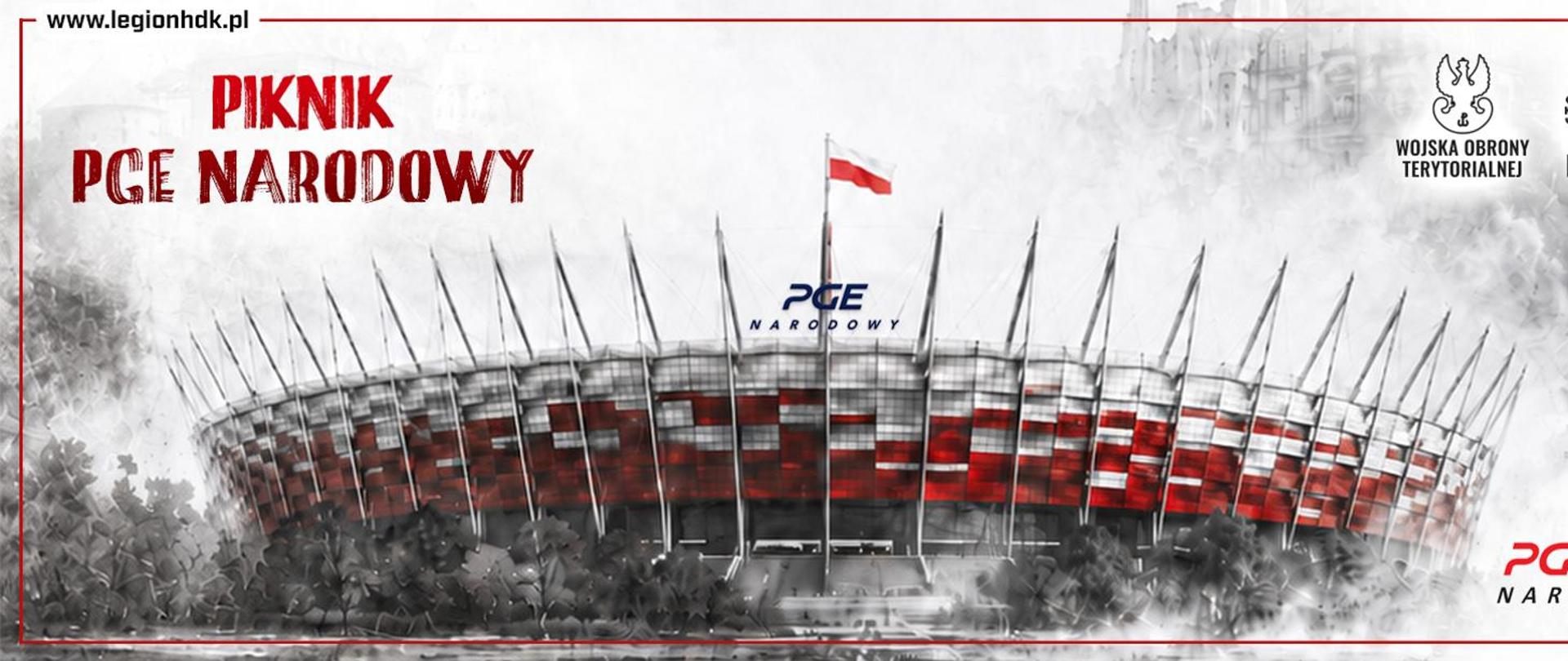 Zdjęcie przedstawia stadion narodowy w warszawie w barwach biało-czerwonych, obok napis: Piknik PGE Narodowy. Nad stadionem unosi się flaga Polski. 