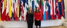 Minister funduszy i polityki regionalnej Katarzyna Pełczyńska-Nałęcz z Dyrektor Centrum OECD ds. Przedsiębiorczości, MŚP, Regionów i Miast Lamią Kamal-Chaoui stoją przy flagach państw OECD
