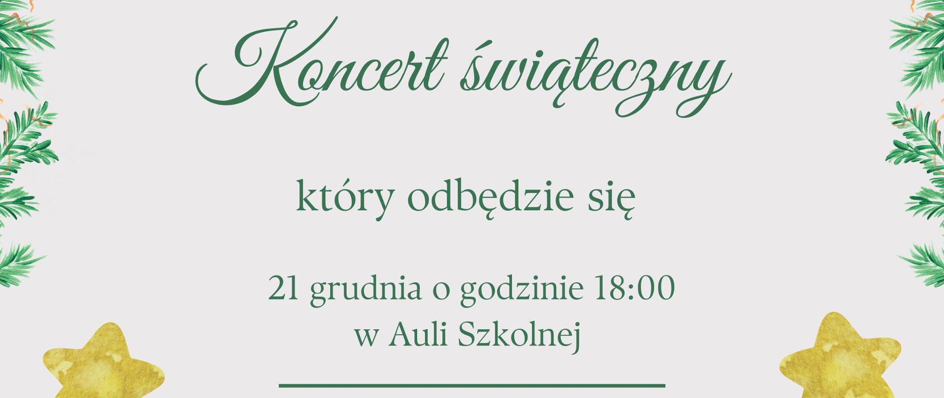 Plakat zapraszający na Koncert świąteczny dnia 21.12.2023r. o godzinie 18:00 w auli szkolnej. Na białym tle od góry plakatu rysunek lampek choinkowych, treść zaproszenia na koncert i na dole rysunek dwóch choinek z prezentami, a po środku bałwanek w czerwonej czapeczce.