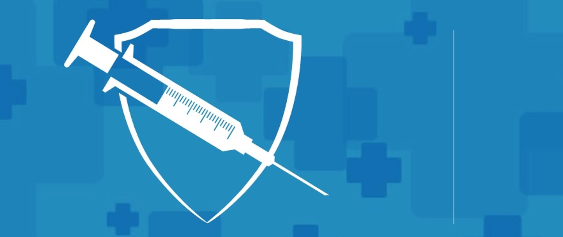 Zdjęcie przedstawia tarczę oraz strzykawkę z tarczą oraz opis w sprawie COVID-19