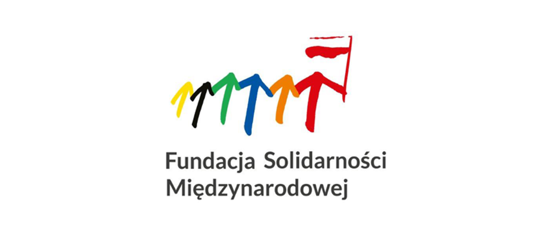 Strzałki pionowe kolorowe z flagą Polski ostatnia i napisem Fundacja Solidarności Międzynarodowej