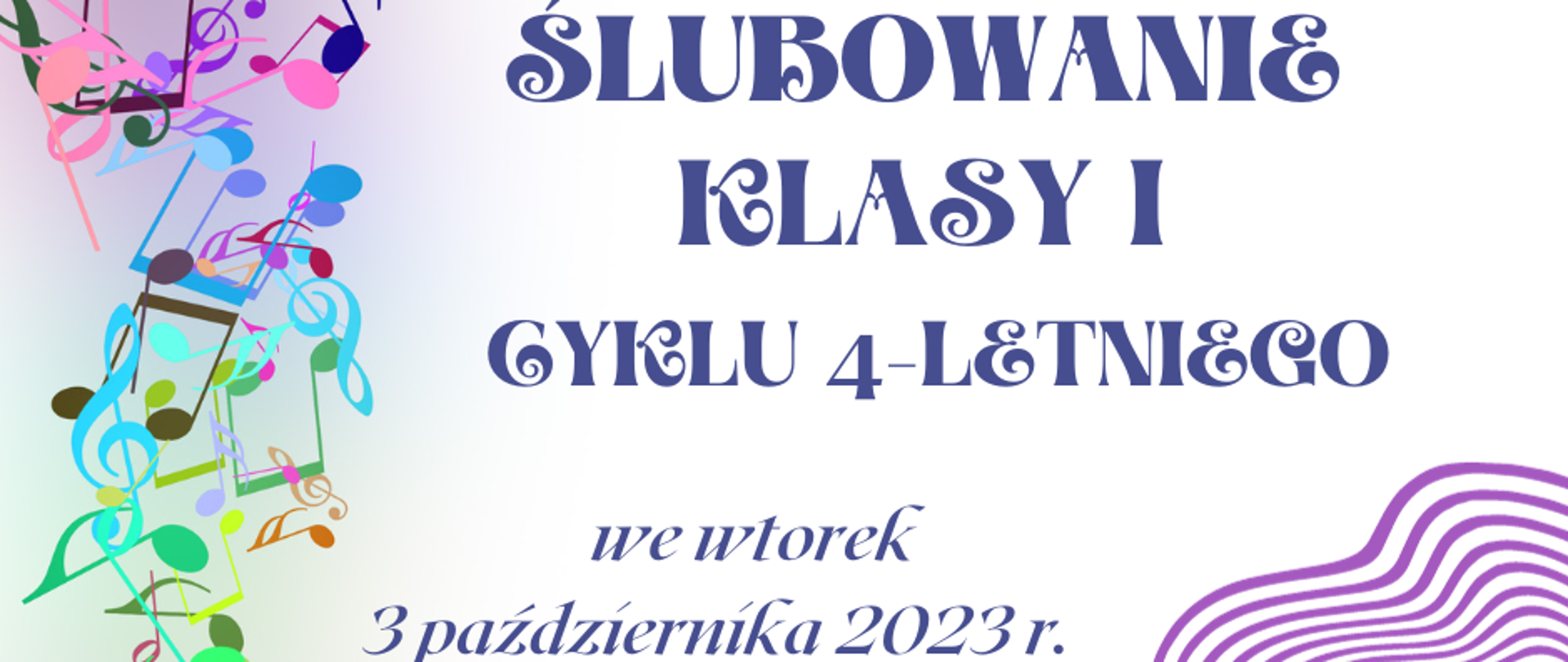 białe tło, po lewej stronie kolorowe nutki, granatowe napisy informujące o wydarzeniu