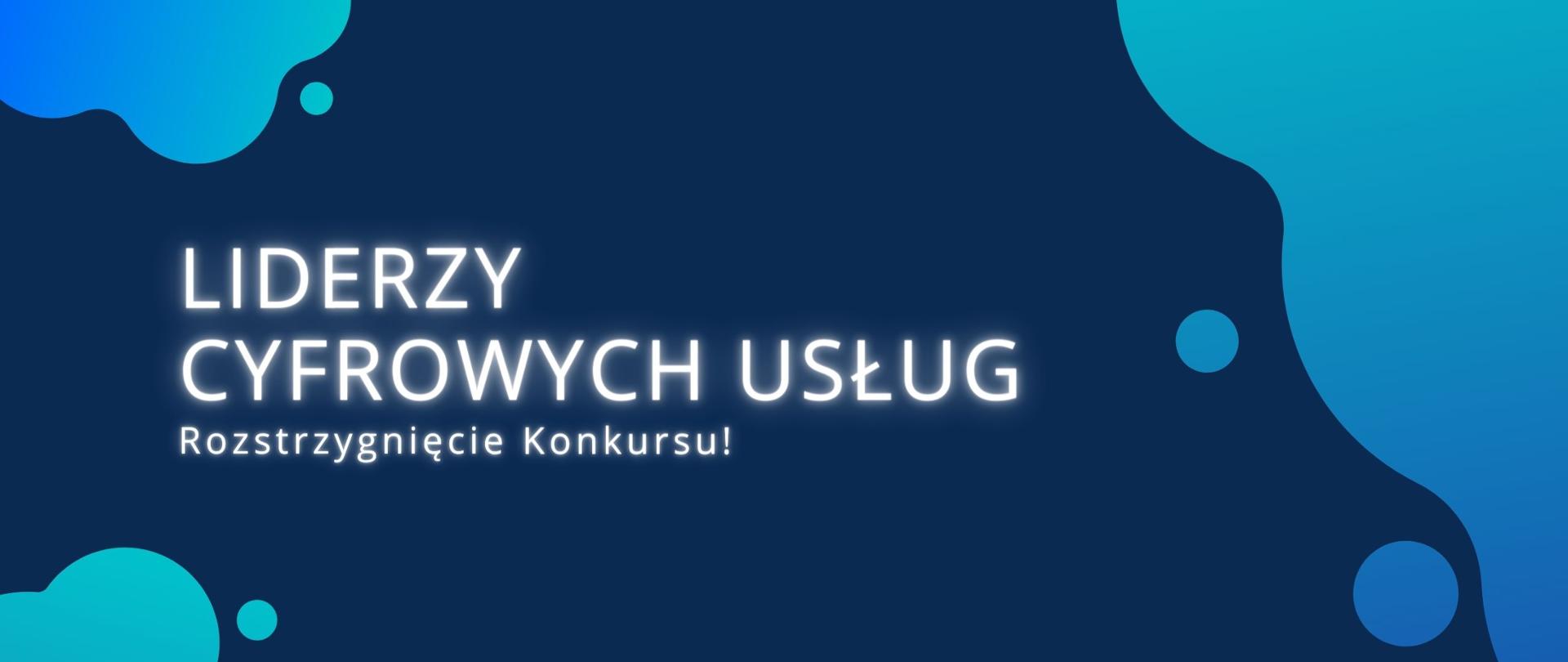 Tekst na granatowo-błękitnym tle: Liderzy Cyfrowych Usług. Rozstrzygnięcie konkursu!