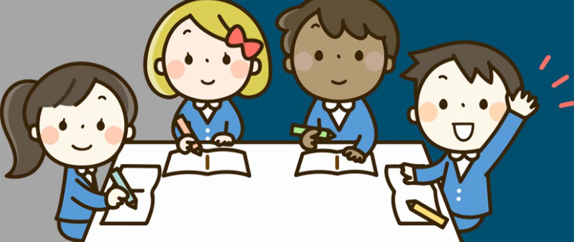 Grafika przedstawia czworo dzieci siedzących przy białym stole, przed nimi na stole leżą zeszyty i przybory do pisania.