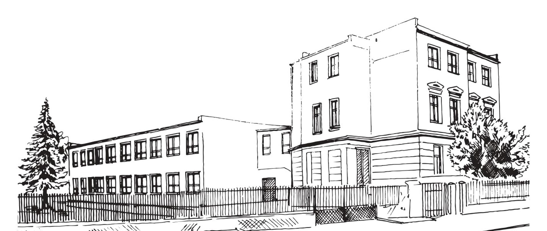 Czarno-biała grafika konturowa przedstawiająca budynek szkoły widziany od ulicy Jana Pawła II