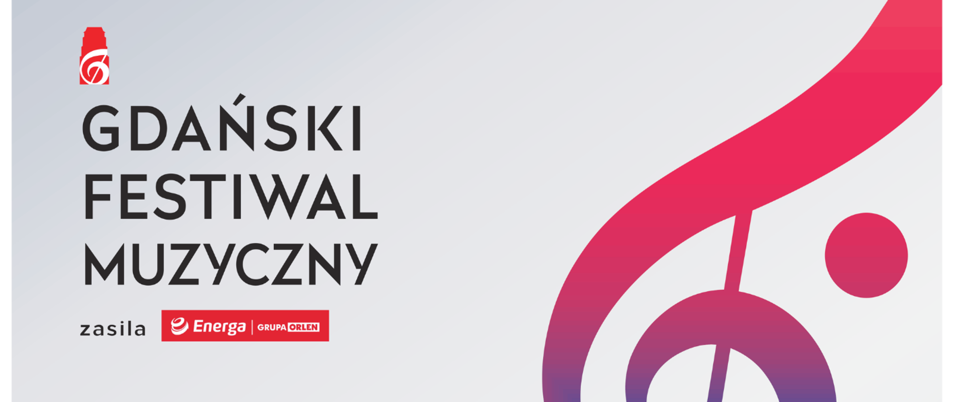 Plakat promujący Gdański Festiwal Muzyczny. Na jasnoszarym tle widnieje duży, stylizowany znak klucza wiolinowego w gradientowych kolorach różu i niebieskiego. Po lewej stronie znajduje się tekst: nazwa festiwalu, informacja o sponsorze (Energa Grupa Orlen) oraz dane wydarzenia. Zapowiadany koncert fortepianowy Natalii Zaleskiej, w programie suity francuskie Jana Sebastiana Bacha. Koncert odbędzie się 11 maja 2026 roku o godzinie 18:00 w Państwowej Szkole Muzycznej I stopnia im. Mazurka Dąbrowskiego w Kościerzynie. Wstęp wolny, z możliwością rezerwacji miejsc telefonicznie. Na dole plakatu znajdują się logotypy organizatorów i partnerów oraz adres strony internetowej gdanskifestiwal.pl.