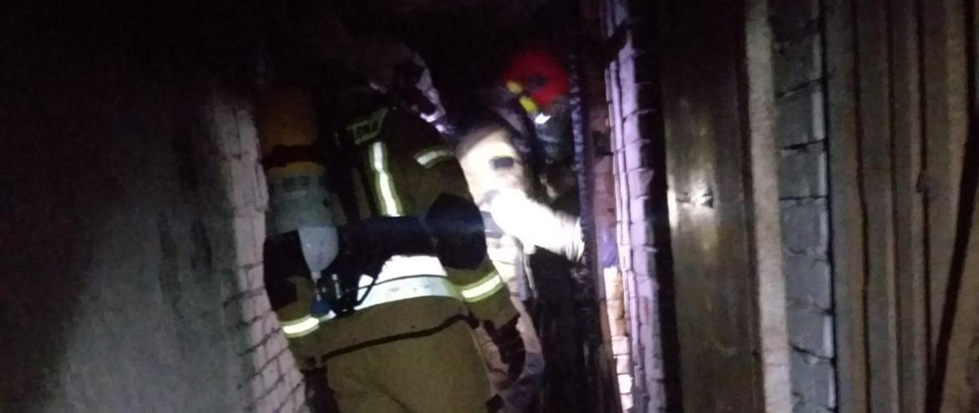 Ciemne pomieszczenie piwniczne, dwóch ratowników stoi przed wejściem do piwnicy rozpoznając zagrożenia, ratownicy w pełnym umundurowaniu bojowym w aparatach ochrony układu oddechowego.