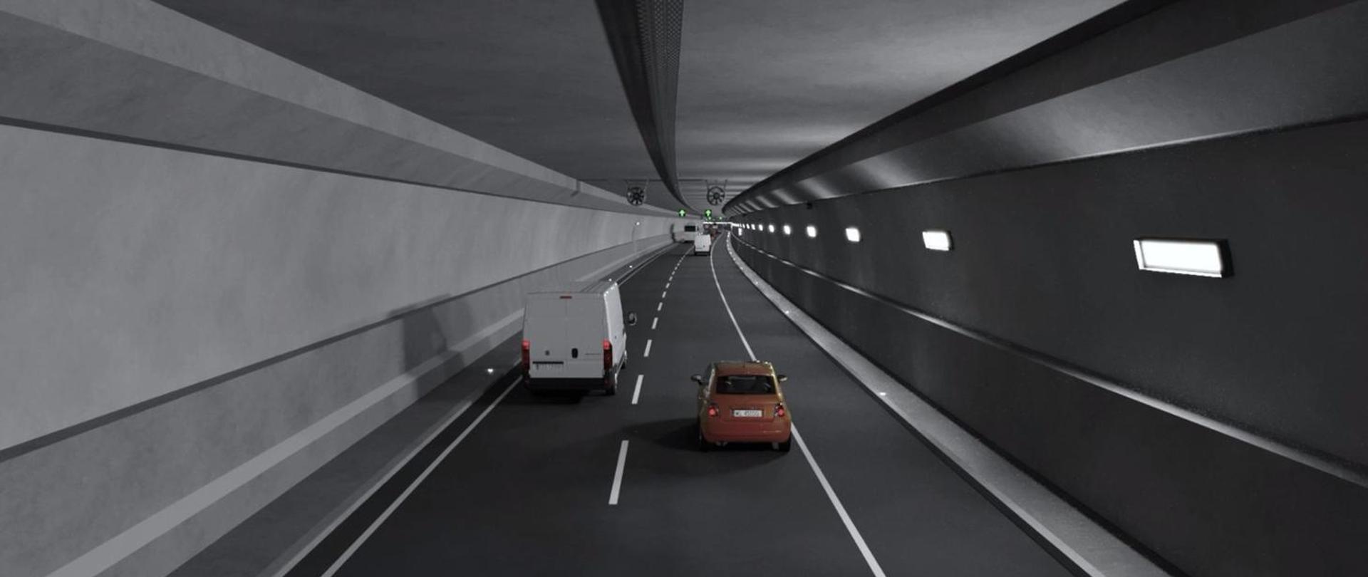 Wizualizacja wnętrza dwujezdniowego tunelu drogowego. Przez oświetlony tunel biegną dwa pasy ruchu, po których jadą samochód osobowy i samochody dostawcze. Ściany i sufit mają nowoczesne, szaro-czarne wykończenie, a trasa łagodnie skręca w prawo.