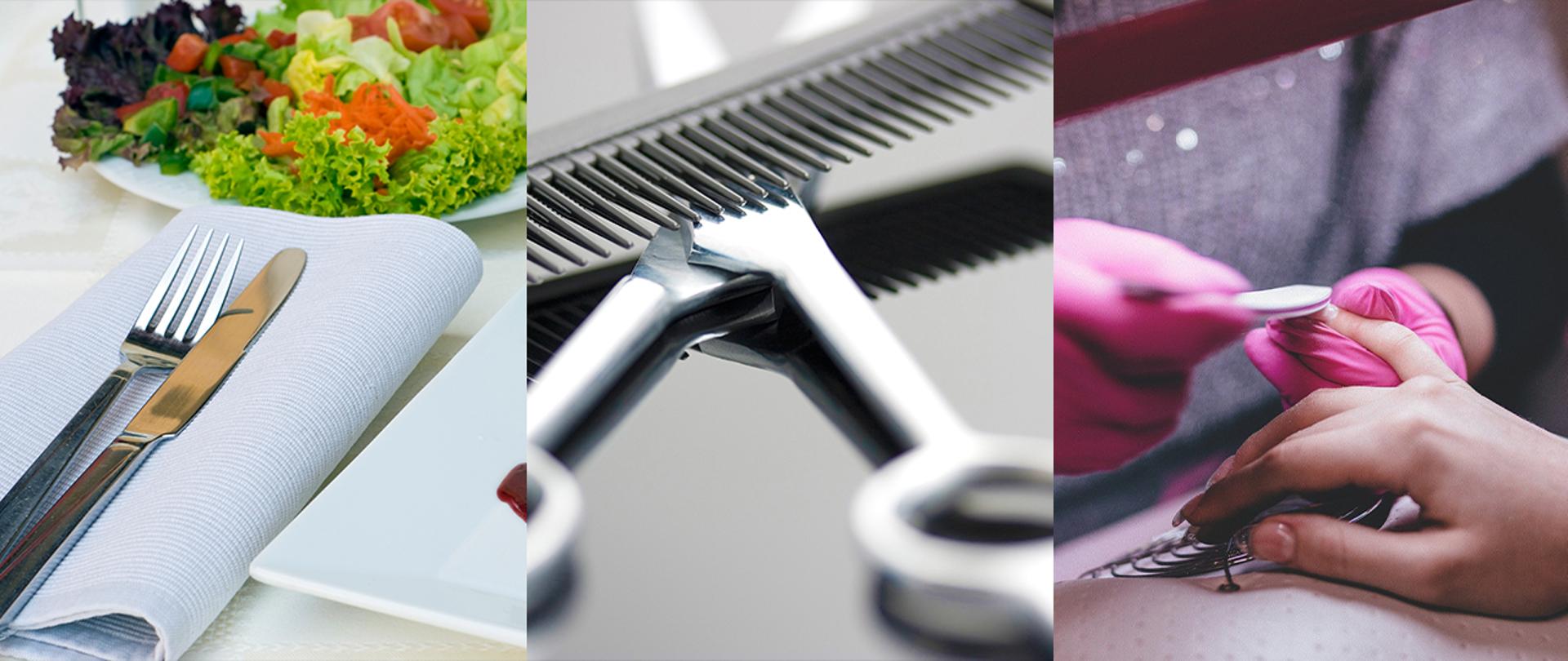 Zdjęcie złożone z trzech obrazów: sztućce na serwetce przy talerzu, nożyczki i grzebień, robienie manikuru.