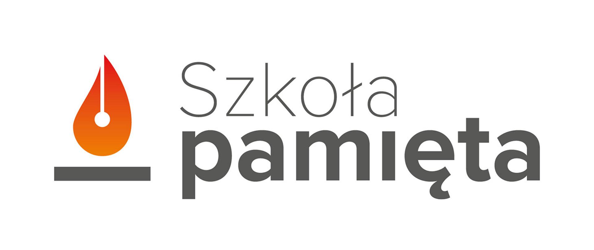 Grafika przedstawiająca logo projektu #Szkoła Pamięta. Z lewej strony graficzne przedstawienie płomyka świecy, z prawej napis "Szkoła pamięta"