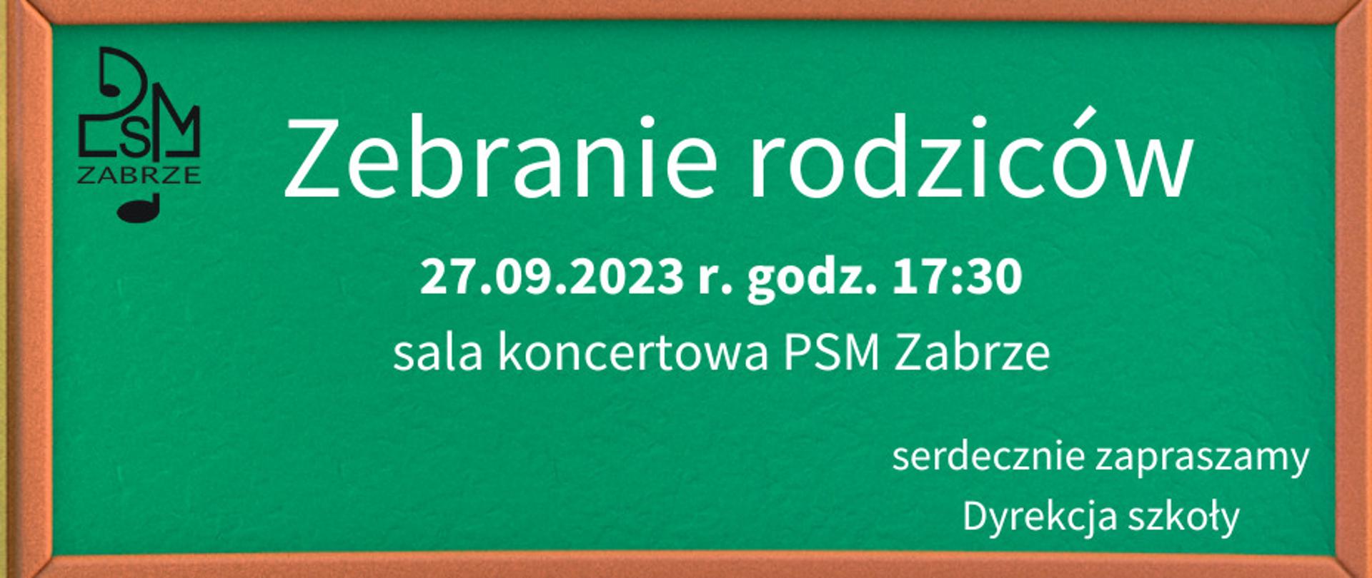 Grafika przedstawiająca zieloną tablicę z napisem Zebranie Rodziców oraz datę (27.09.2023) godzinę (17.30) i miejsce zebranie (Aula)