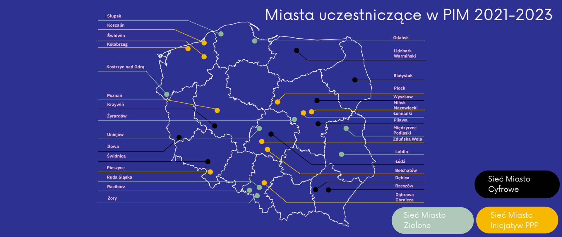 Mapa miast uczestniczących w PIM 2021-2023