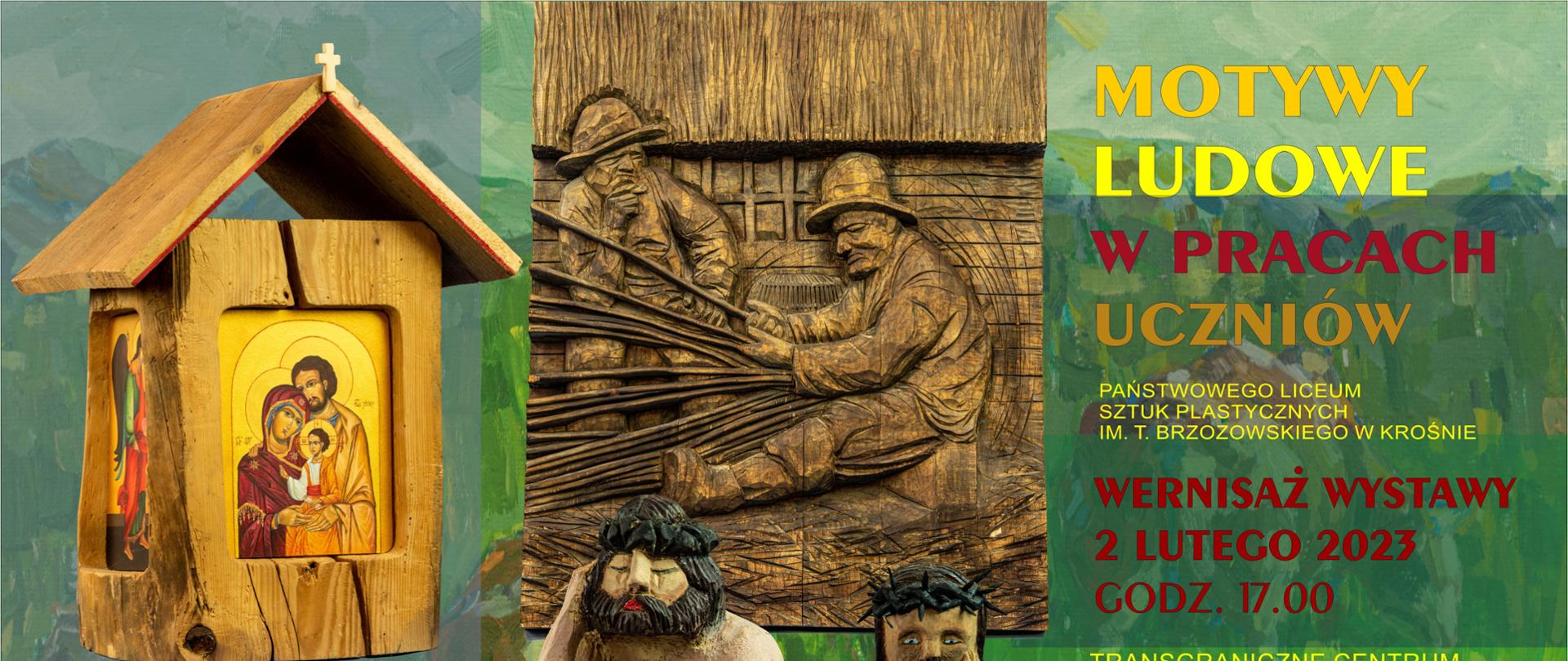 Plakat zapraszający na wystawę "Motywy ludowe w pracach uczniów Państwowego Liceum Sztuk Plastycznych w Krośnie"