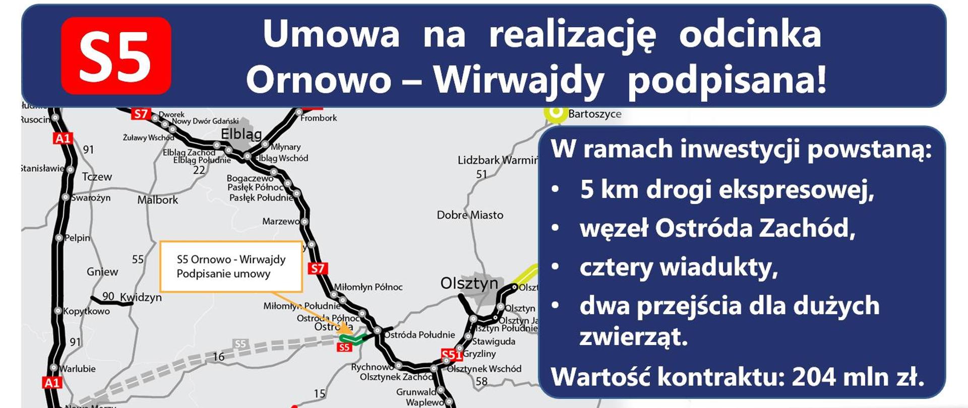 Odcinek drogi ekspresowej S5 Ornowo-Wirwajdy został skierowany do realizacji - infografika