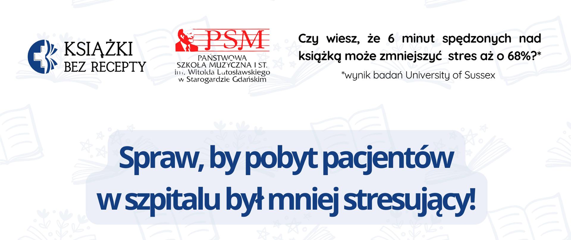 Plakat o ogólnopolskim projekcie o nazwie Ksiązki bez recepty. Plakat z białym tłem, na dole oznaczenie patronatu i sponsorów. Na środku plakatu spory napis " Spraw by pobyt pacjentów w szpitalu był mniej stersujący, Masz ksiązki któe mogłyby zyskać drugie życie?"