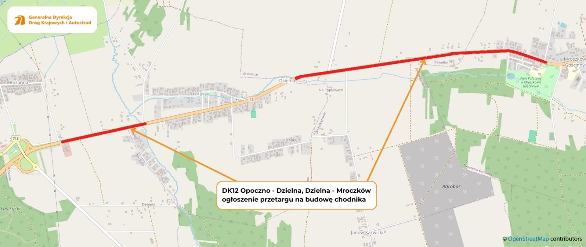 Schematyczna mapka zaznaczonych chodników przy DK12 na odc. Opoczno - Dzielna, Dzielna Mroczków