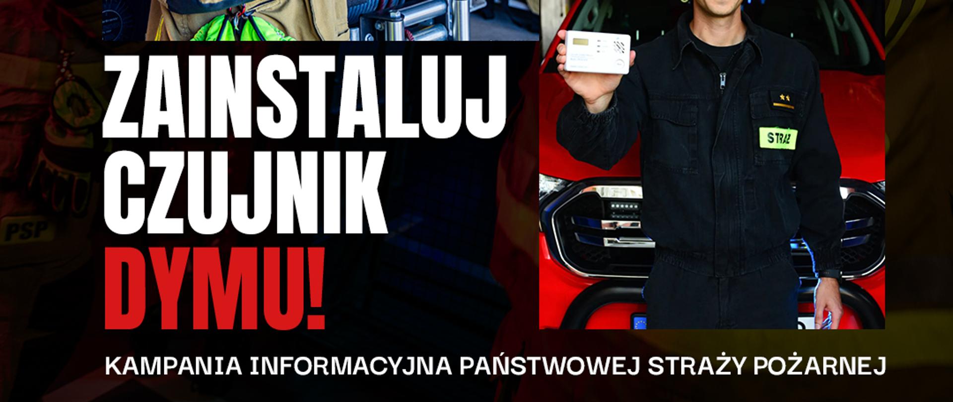 Zdjęcie przedstawia strażaków promujących zainstalowanie czujek dymu w mieszkaniach.
Tło stanowi grafika w formie plakatu.
