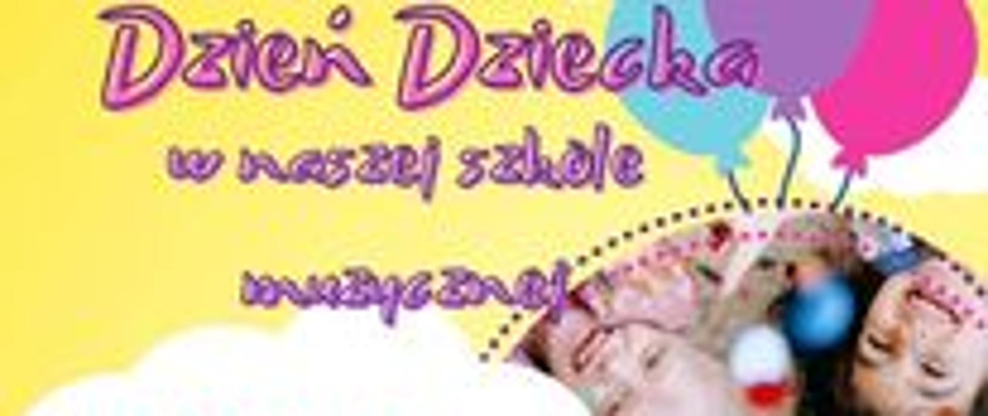 Zdjęcie przedstawia plakat dotyczący dnia dziecka, u góry napis "Dzień dziecka w naszej szkole muzycznej" na środku data 1.06.2023 oraz godzina 15:00, u doły informacja "kiełbaski, wata cukrowa, lemioniada". Plakat zawiera żółte tło oraz zdjęcia dzieci
