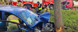 Niebieskie Renault Clio ze zniszczonym przodem po uderzeniu w drzewo. Strażacy wraz z ratownikami medycznymi udzielają pomocy kobiecie, która kierowała pojazdem w momencie zdarzenia.